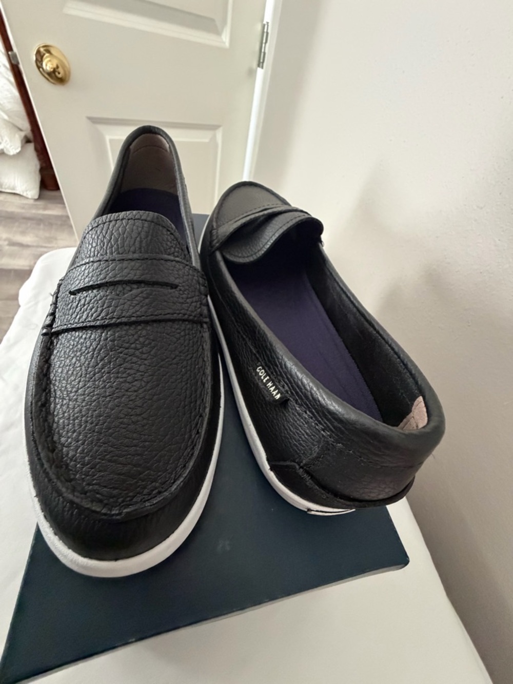 Cole Haan Black Pebbled Leather Slip-On Loafers with White Soles - Picture 10 of 11